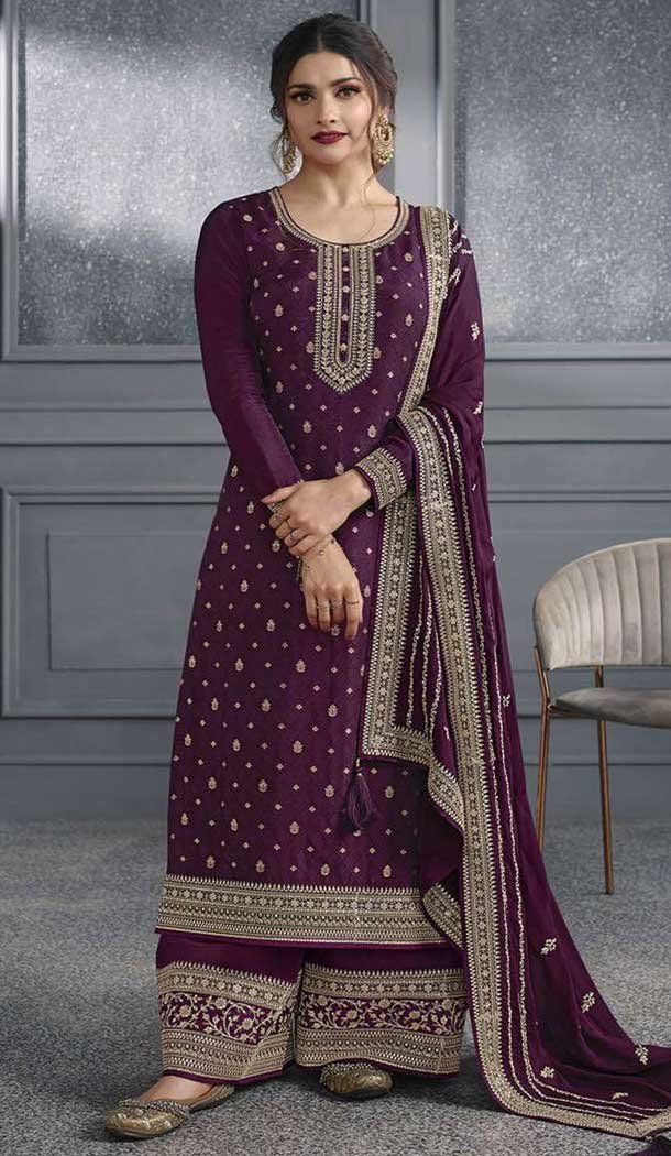 Purple Dola Silk Embroidered Prachi Desai Palazzo Suit – 144939099