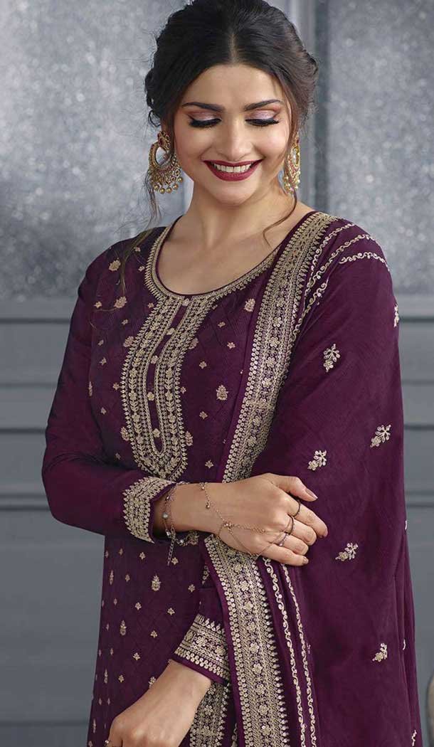 Purple Dola Silk Embroidered Prachi Desai Palazzo Suit – 144939099