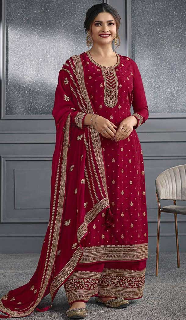 Red Dola Silk Embroidered Prachi Desai Palazzo Suit – 144939101