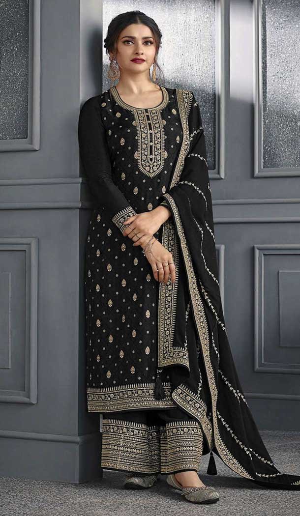 Black Dola Silk Embroidered Prachi Desai Palazzo Suit – 144939102