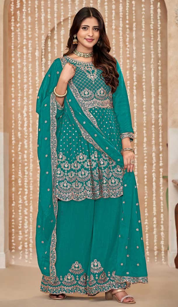 Rama Green Chinon Embroidered Designer Palazzo Salwar Kameez – 145079177