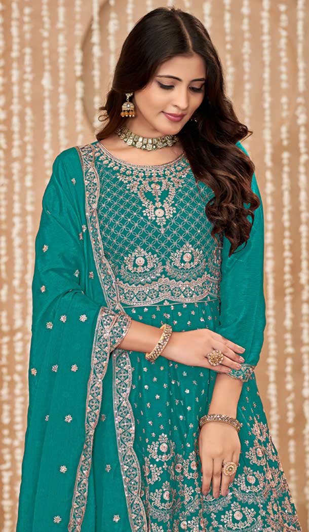 Rama Green Chinon Embroidered Designer Palazzo Salwar Kameez – 145079177