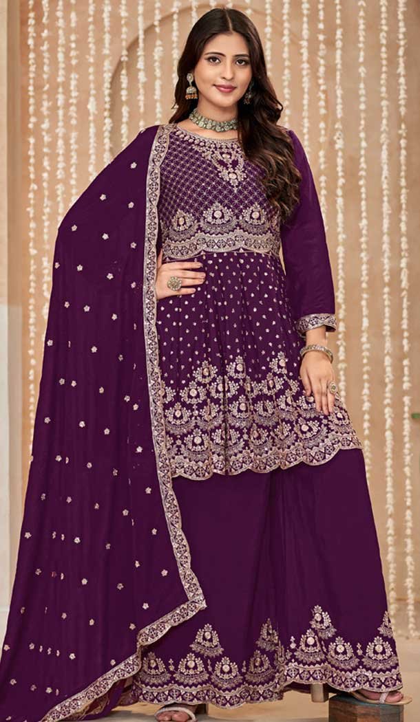 Wine Chinon Embroidered Designer Palazzo Salwar Kameez – 145079178