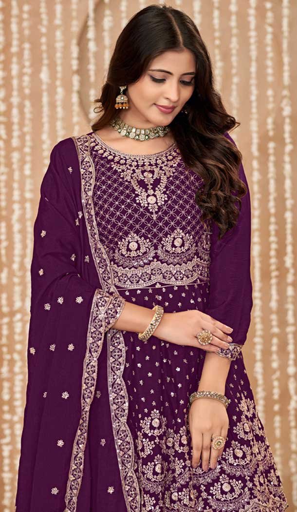 Wine Chinon Embroidered Designer Palazzo Salwar Kameez – 145079178