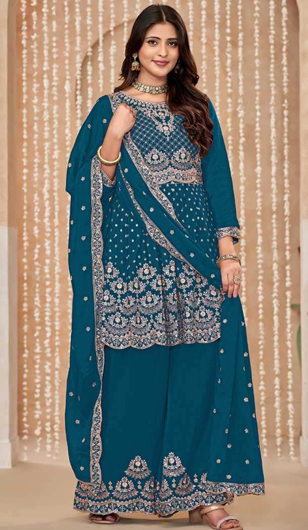 Blue Chinon Embroidered Designer Palazzo Salwar Kameez – 145079179