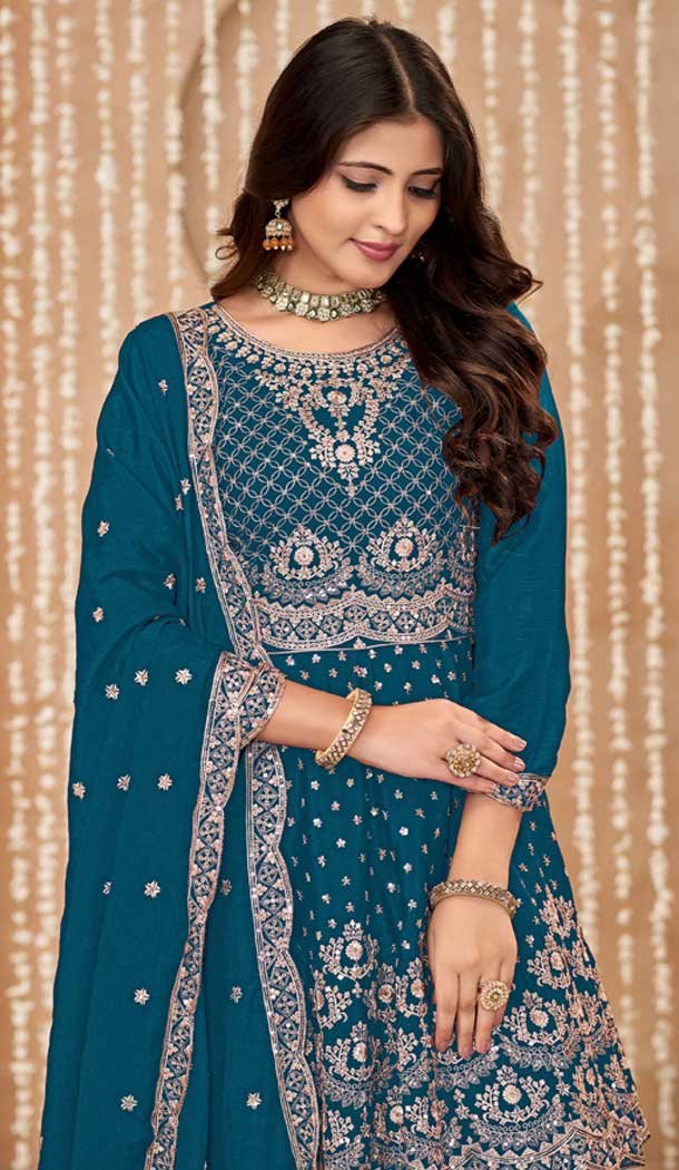 Blue Chinon Embroidered Designer Palazzo Salwar Kameez – 145079179