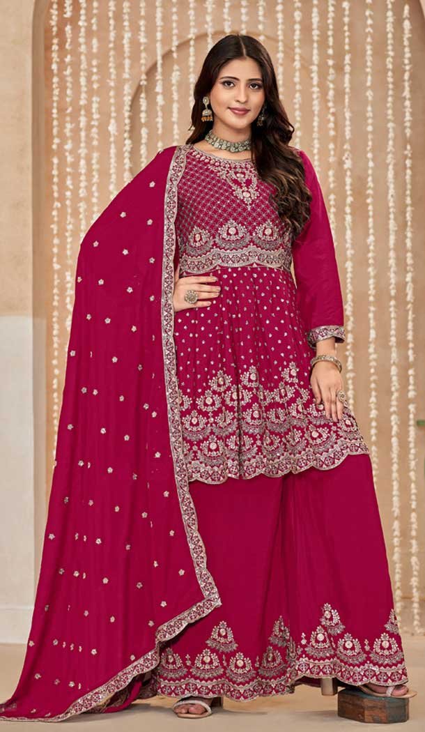 Pink Chinon Embroidered Designer Palazzo Salwar Kameez – 145079180