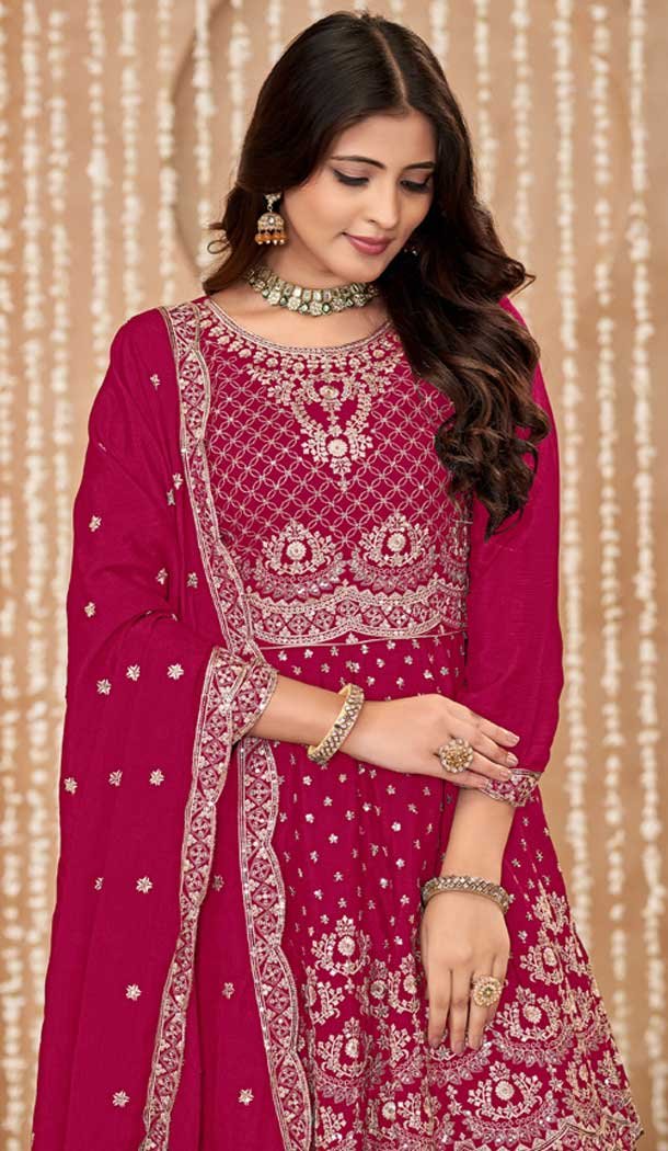 Pink Chinon Embroidered Designer Palazzo Salwar Kameez – 145079180