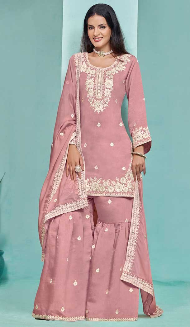 Pink Roman Silk Embroidered Party Wear Sharara Suit – 145159217