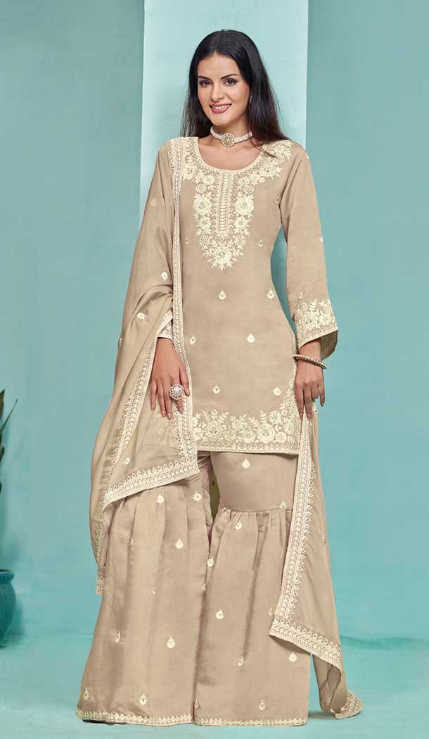 Beige Roman Silk Embroidered Party Wear Sharara Suit – 145159218