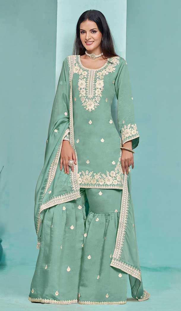 Green Roman Silk Embroidered Party Wear Sharara Suit – 145159219