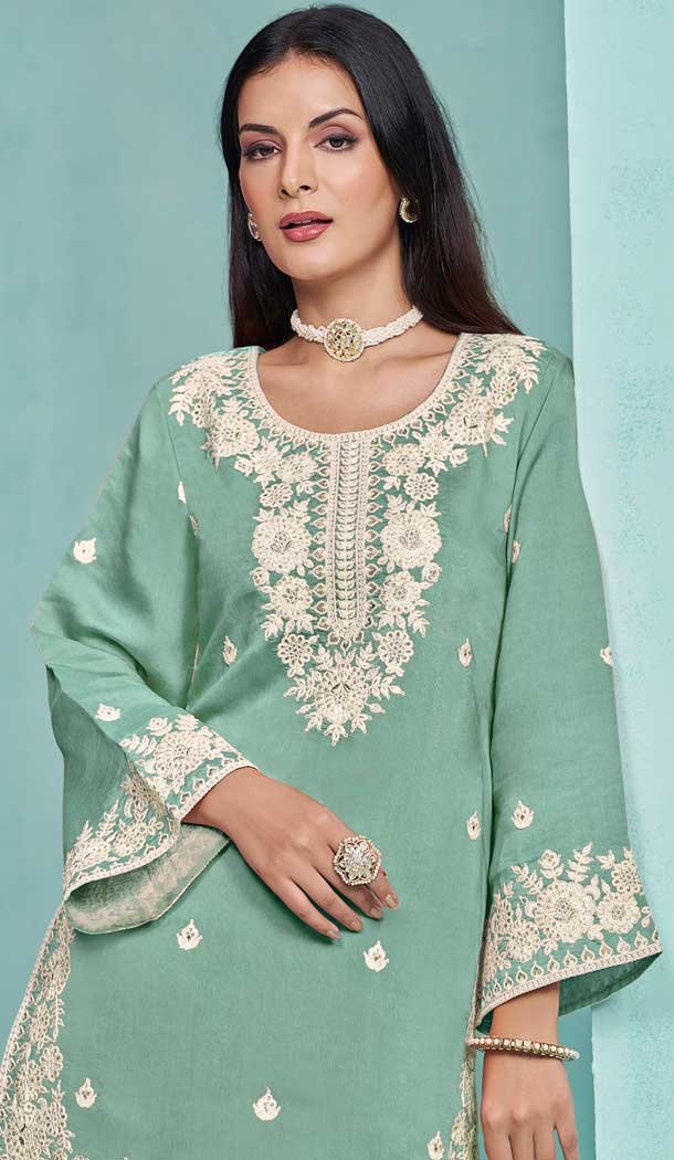 Green Roman Silk Embroidered Party Wear Sharara Suit – 145159219