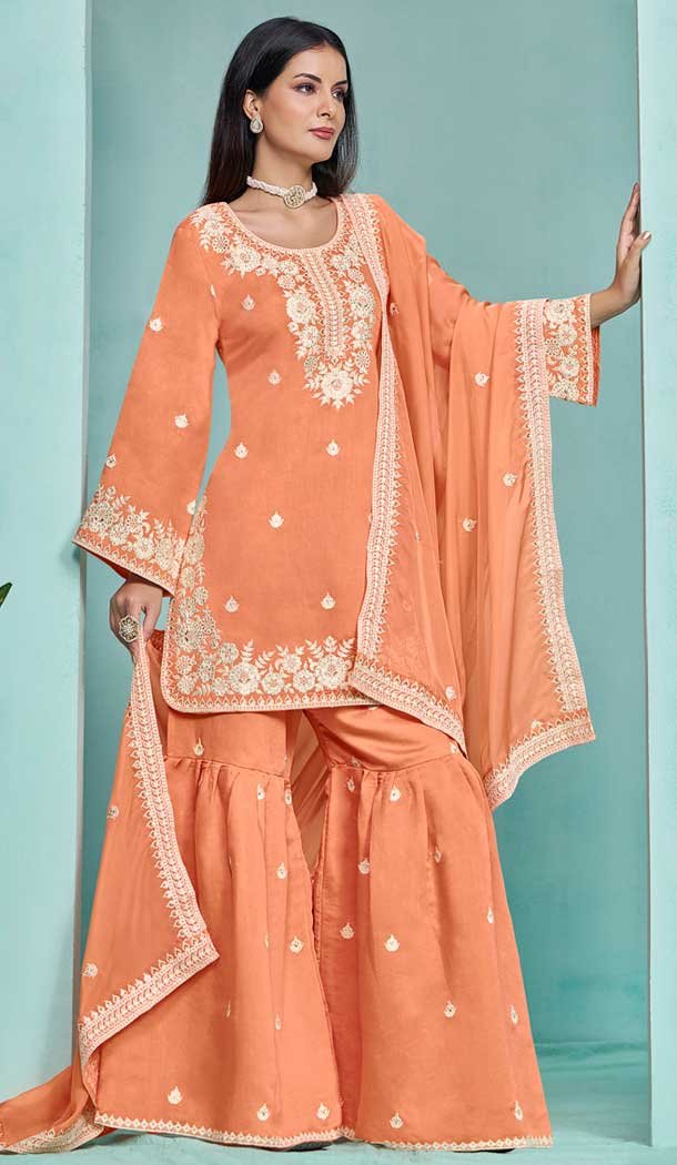 Orange Roman Silk Embroidered Party Wear Sharara Suit – 145159220