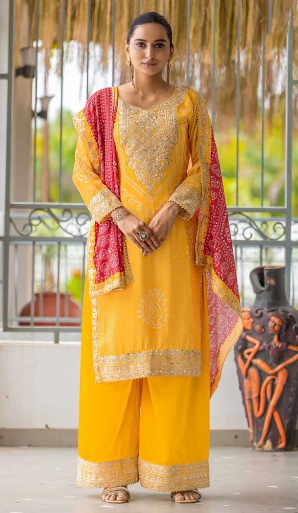 Yellow Chinon Embroidery Work Party Wear Palazzo Salwar Suit – 145439382