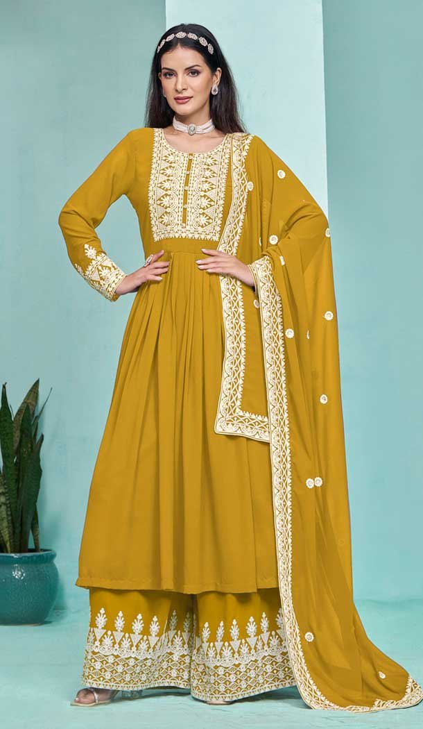 Mustard Georgette Embroidered Party Wear Palazzo Salwar Kameez – 145549448