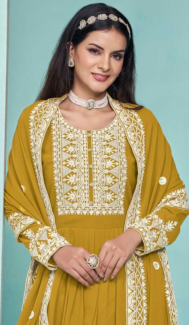 Mustard Georgette Embroidered Party Wear Palazzo Salwar Kameez – 145549448