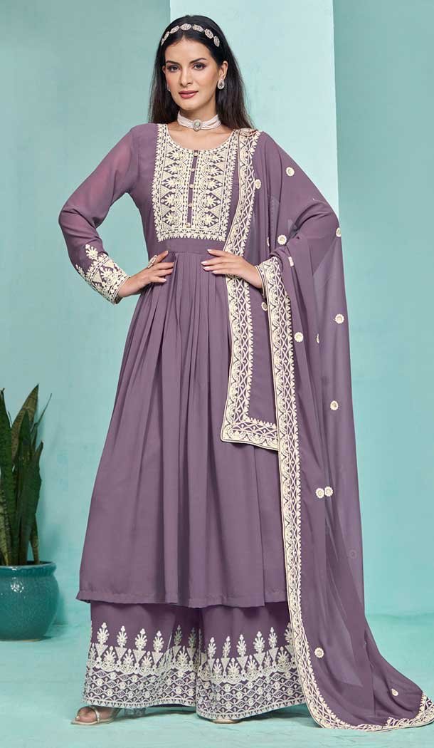 Violet Georgette Embroidered Party Wear Palazzo Salwar Kameez – 145549449