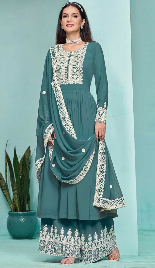 Teal Georgette Embroidered Party Wear Palazzo Salwar Kameez – 145549450