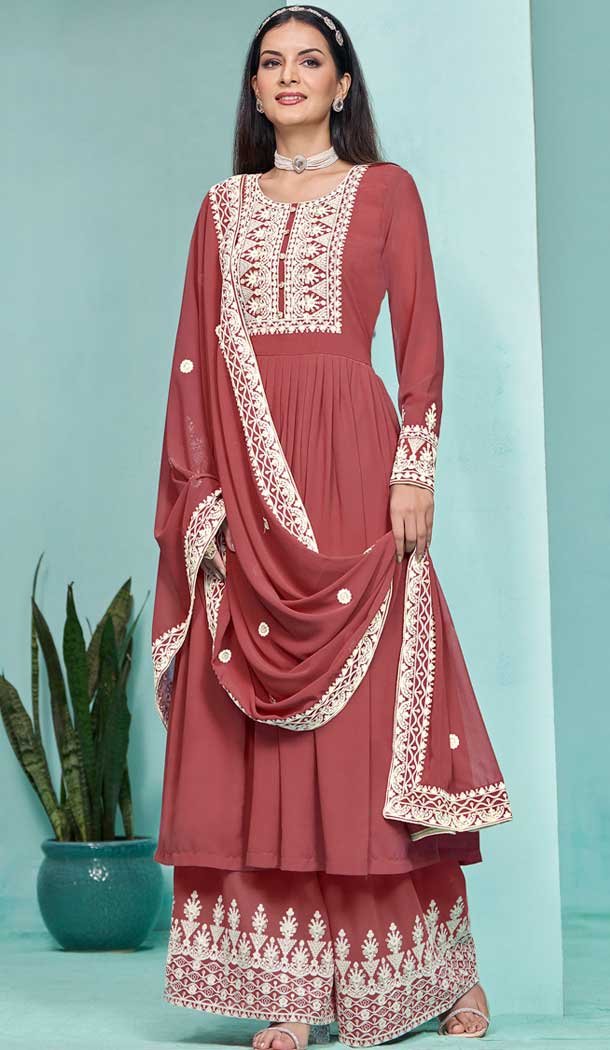 Rust Georgette Embroidered Party Wear Palazzo Salwar Kameez – 145549451