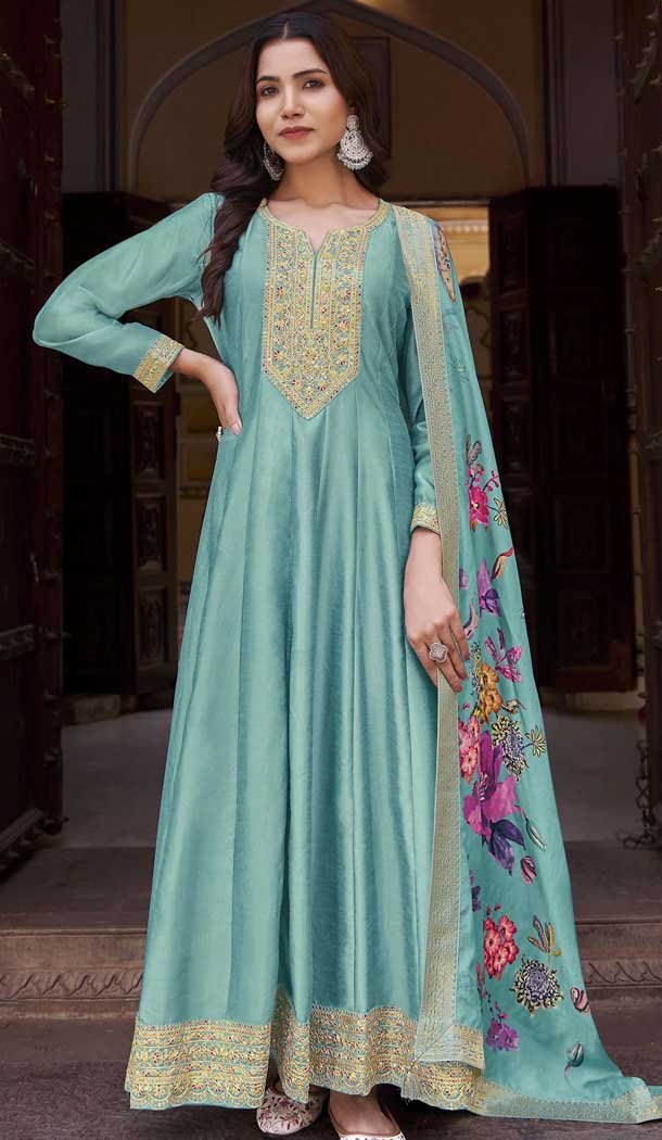 Vichitra Silk Embroidery Work Anarkali Style Salwar Suit In Sky Blue – 145579461