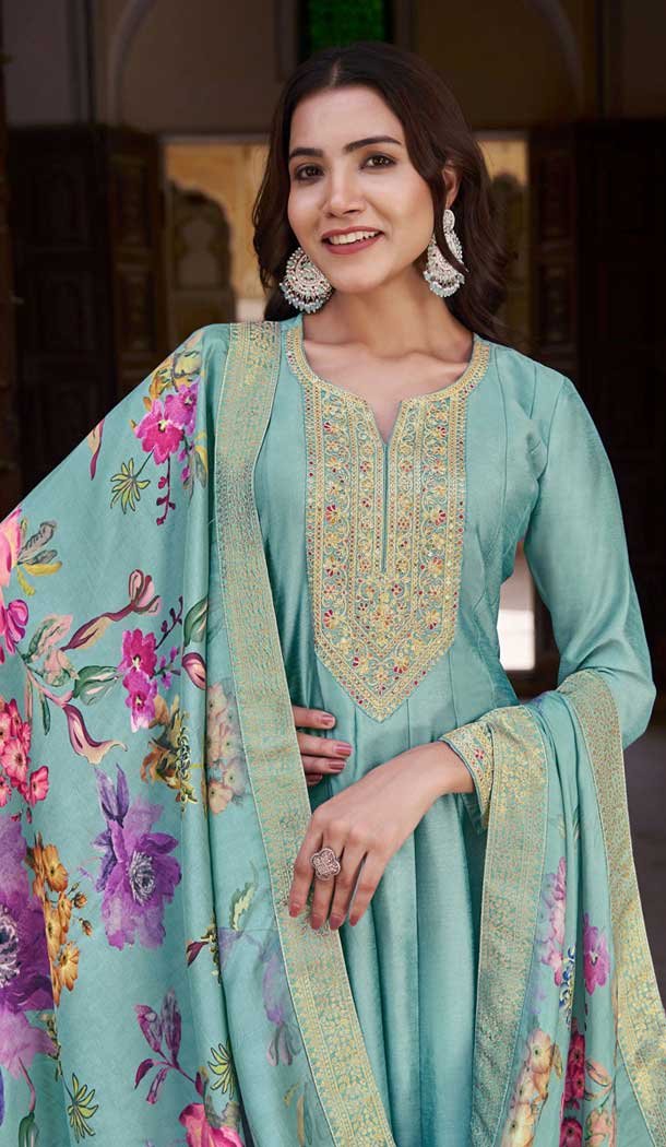 Vichitra Silk Embroidery Work Anarkali Style Salwar Suit In Sky Blue – 145579461