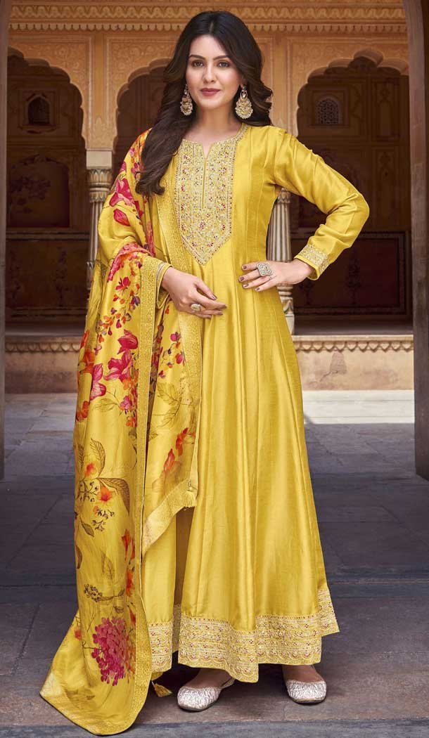 Vichitra Silk Embroidery Work Anarkali Style Salwar Suit In Yellow – 145579462