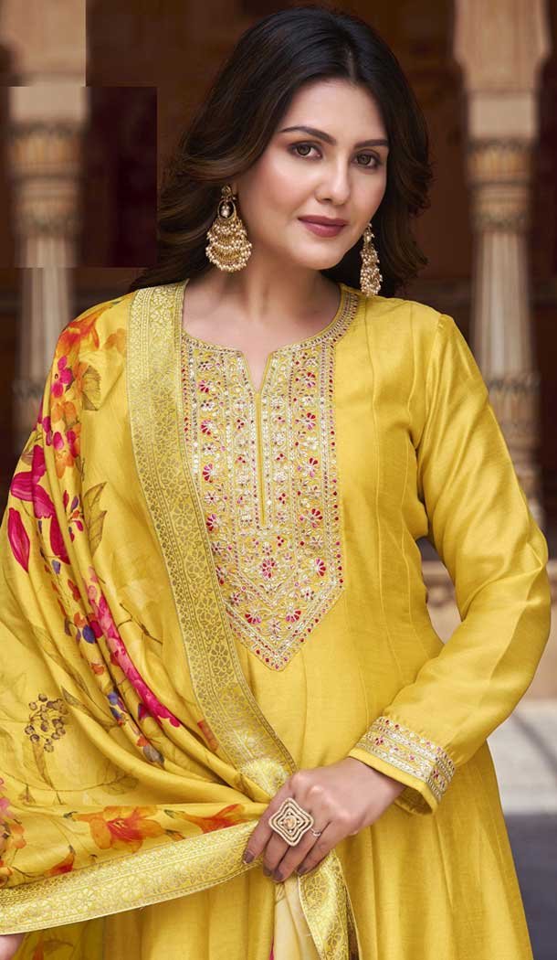 Vichitra Silk Embroidery Work Anarkali Style Salwar Suit In Yellow – 145579462