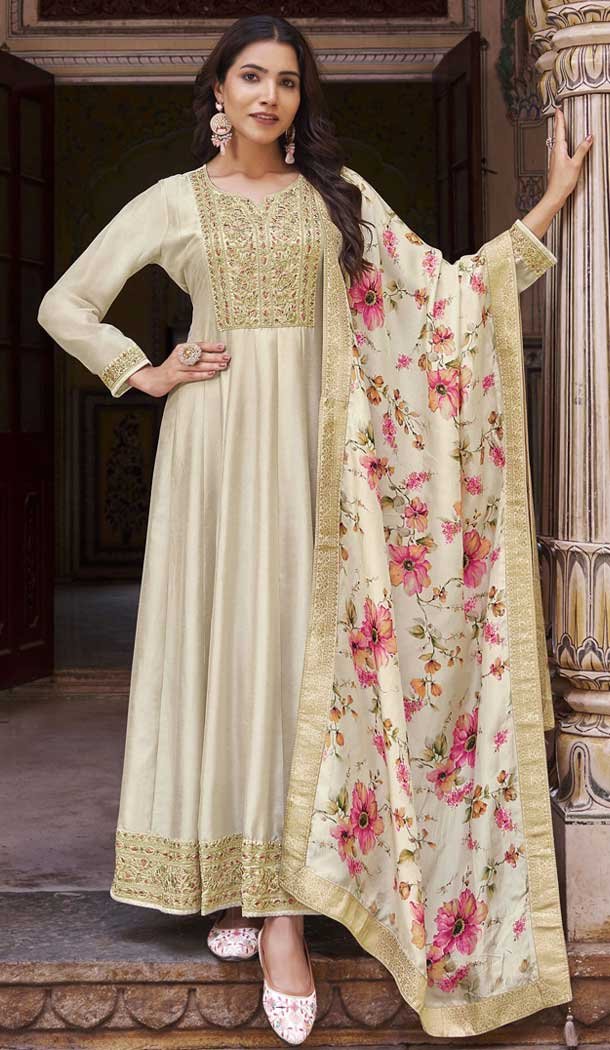 Vichitra Silk Embroidery Work Anarkali Style Salwar Suit In Cream – 145579463