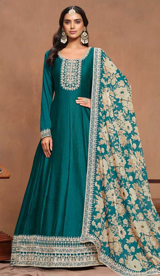 Rama Blue Art Silk Embroidered Anarkali Style Designer Salwar Suit – 145979705