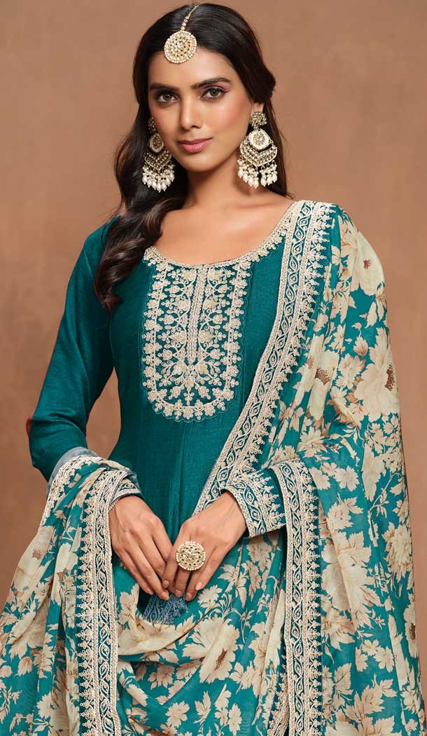 Rama Blue Art Silk Embroidered Anarkali Style Designer Salwar Suit – 145979705