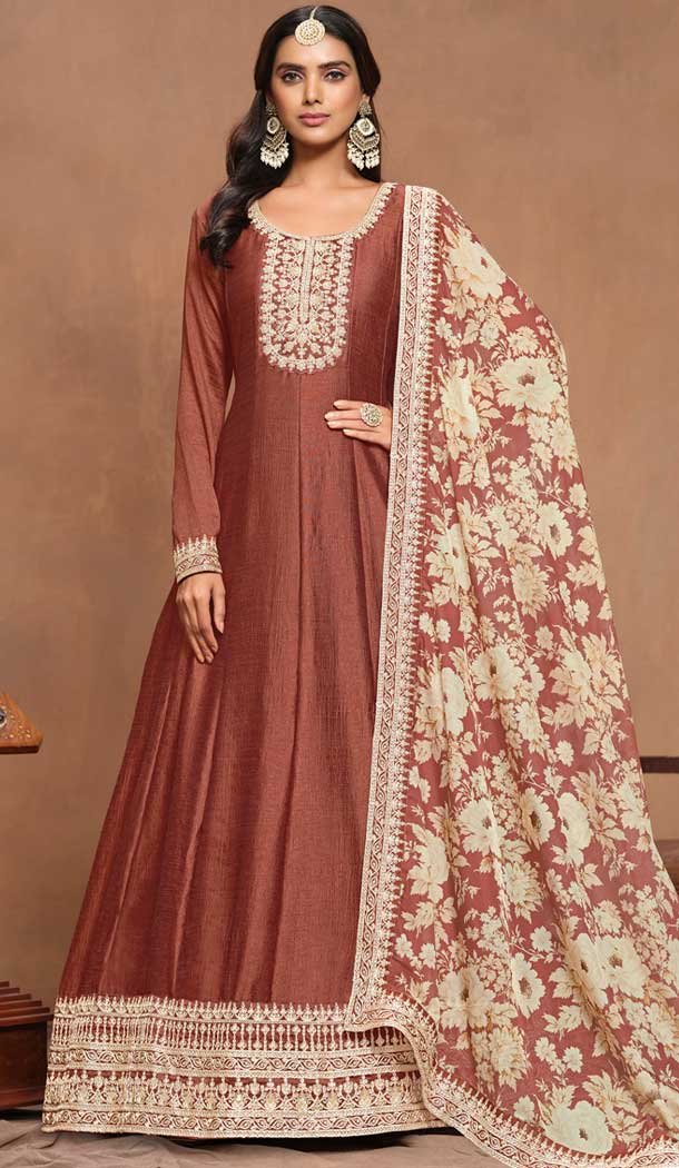 Brown Art Silk Embroidered Anarkali Style Designer Salwar Suit – 145979706