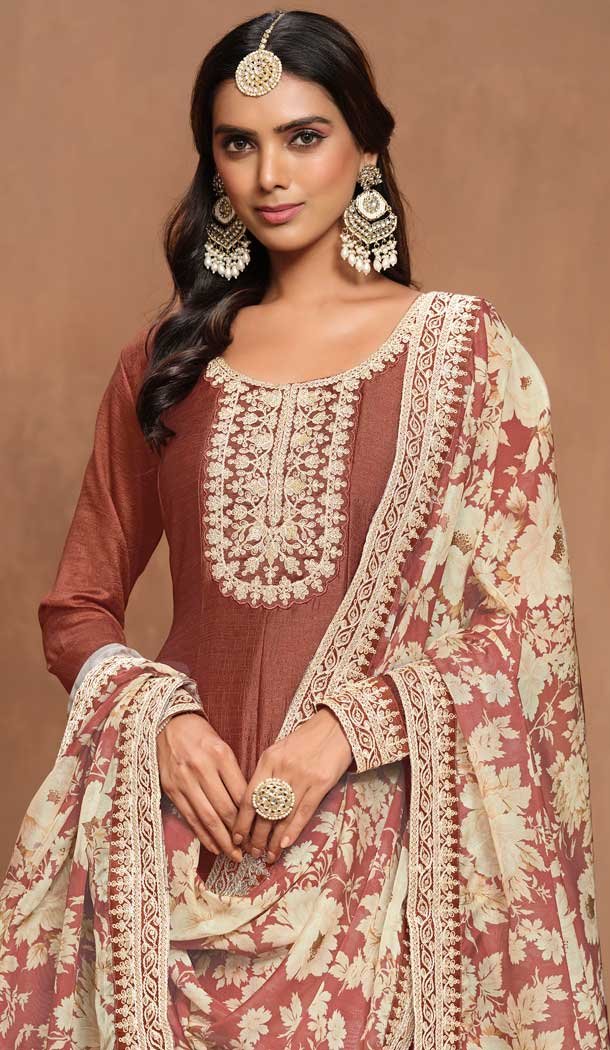 Brown Art Silk Embroidered Anarkali Style Designer Salwar Suit – 145979706