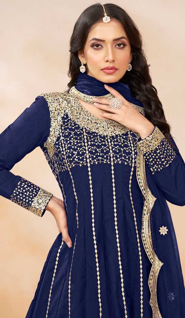 Art Silk Sequins Embroidered Party Wear Dhoti Style Salwar Suit In Blue – 146511033