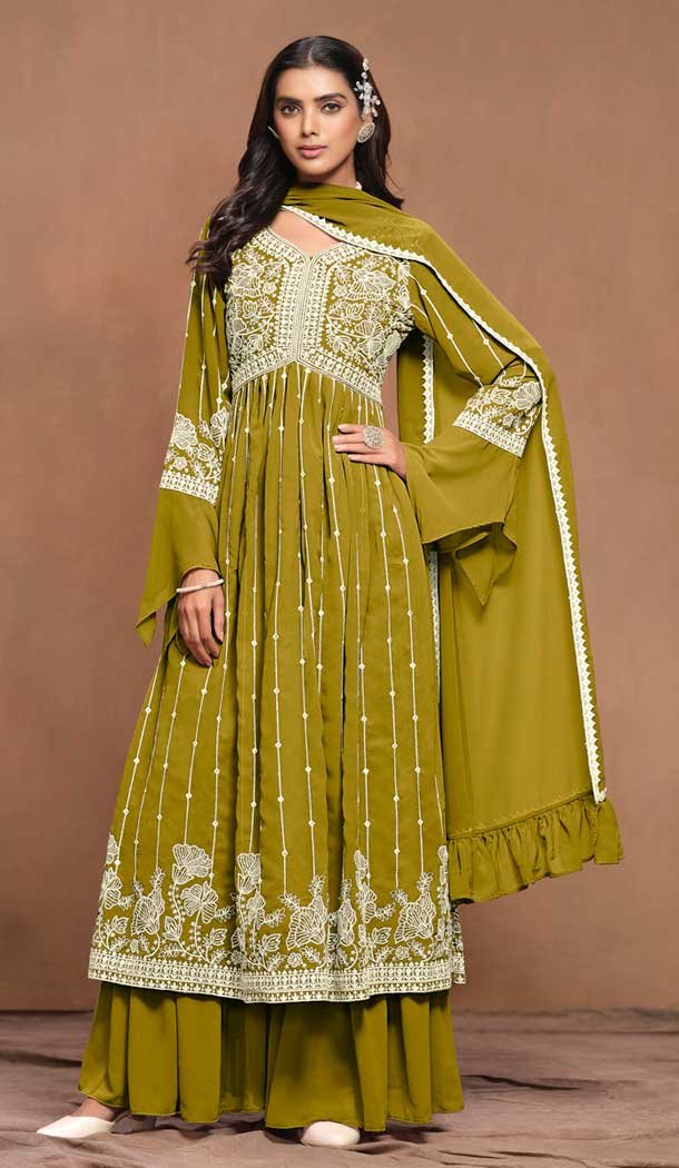 Green Faux Georgette Embroidered Designer Sharara Suit – 146661111