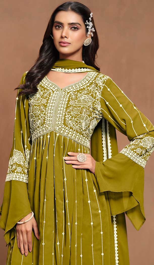 Green Faux Georgette Embroidered Designer Sharara Suit – 146661111