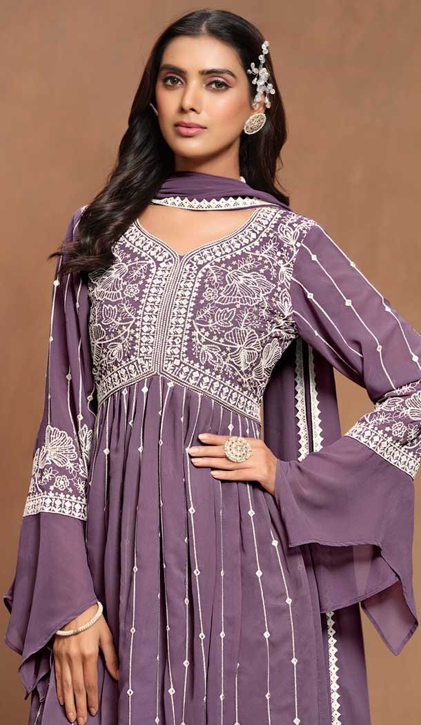 Purple Faux Georgette Embroidered Designer Sharara Suit – 146661112