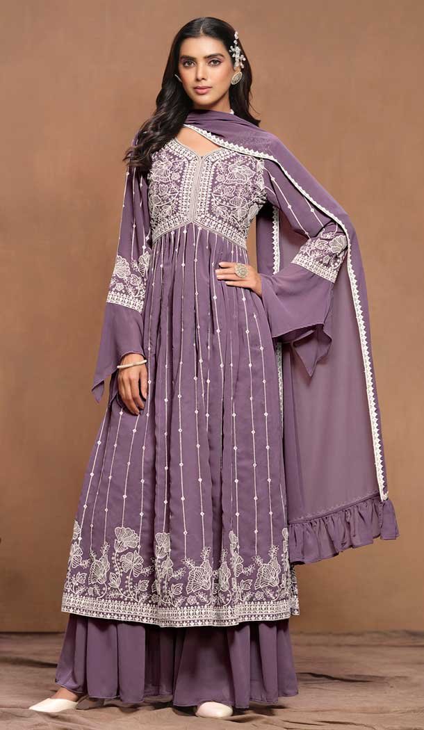 Purple Faux Georgette Embroidered Designer Sharara Suit – 146661112