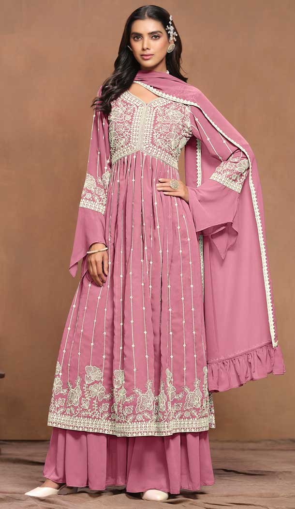 Pink Faux Georgette Embroidered Designer Sharara Suit – 146661114