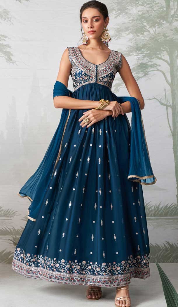 Georgette Sequence Embroidered Designer Salwar Suit In Teal Blue – 146691131