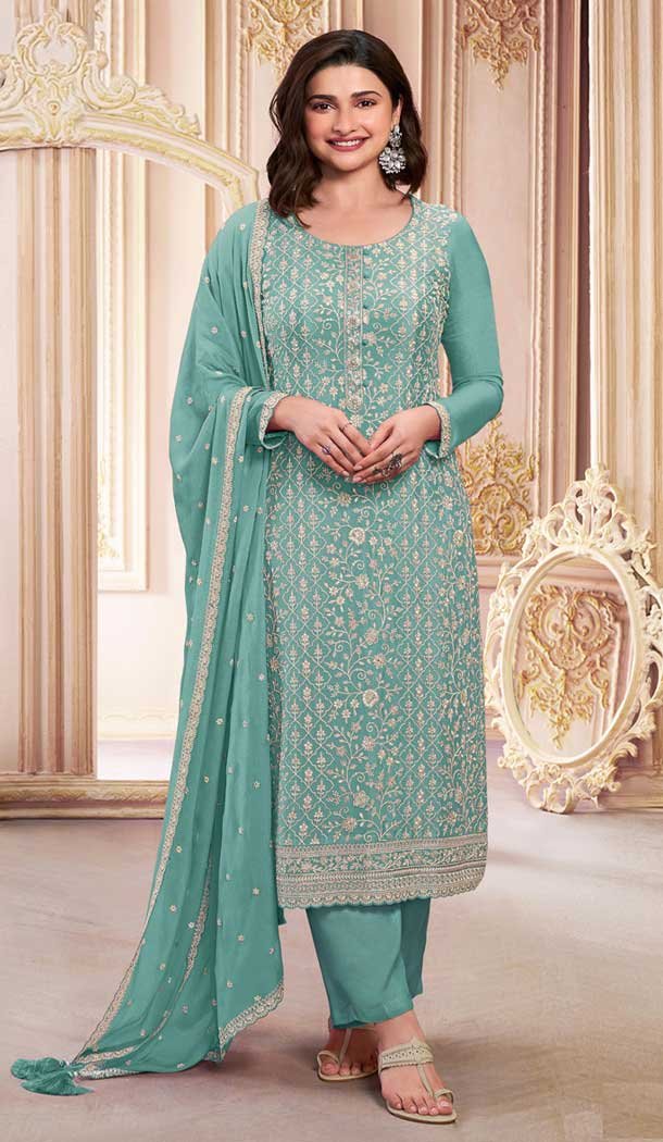 Teal Blue Georgette Embroidered Prachi Desai Salwar Suit – 146711139