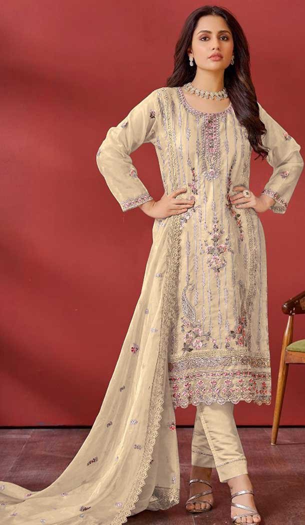 Organza Embroidered Pakistani Salwar Kameez In Cream – 146811196