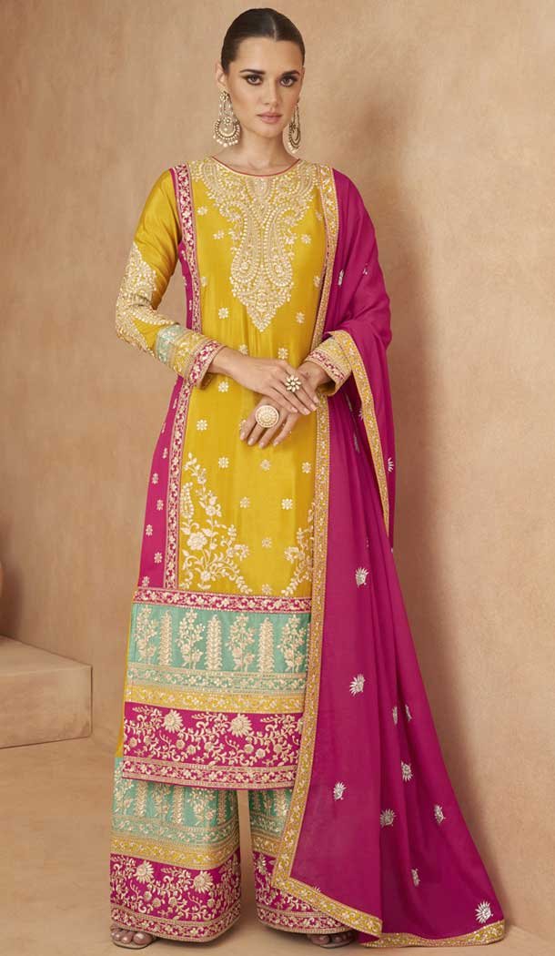 Yellow Chinon Embroidered Designer Palazzo Salwar Kameez – 146821199