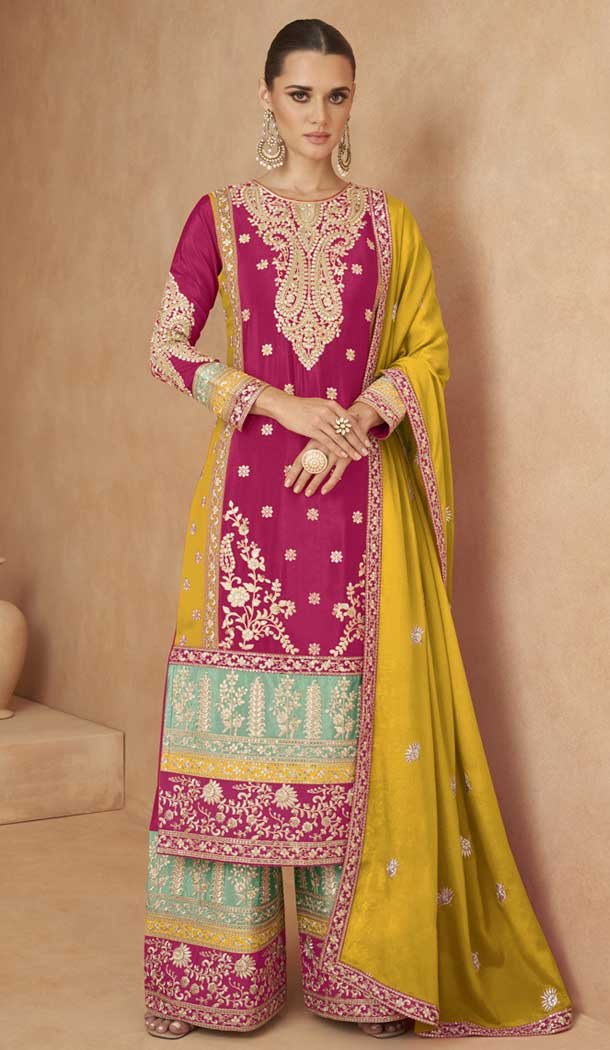 Pink Chinon Embroidered Designer Palazzo Salwar Kameez – 146821200