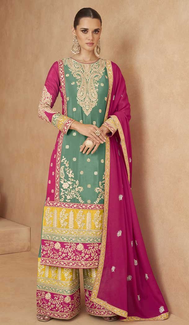 Green Chinon Embroidered Designer Palazzo Salwar Kameez – 146821201