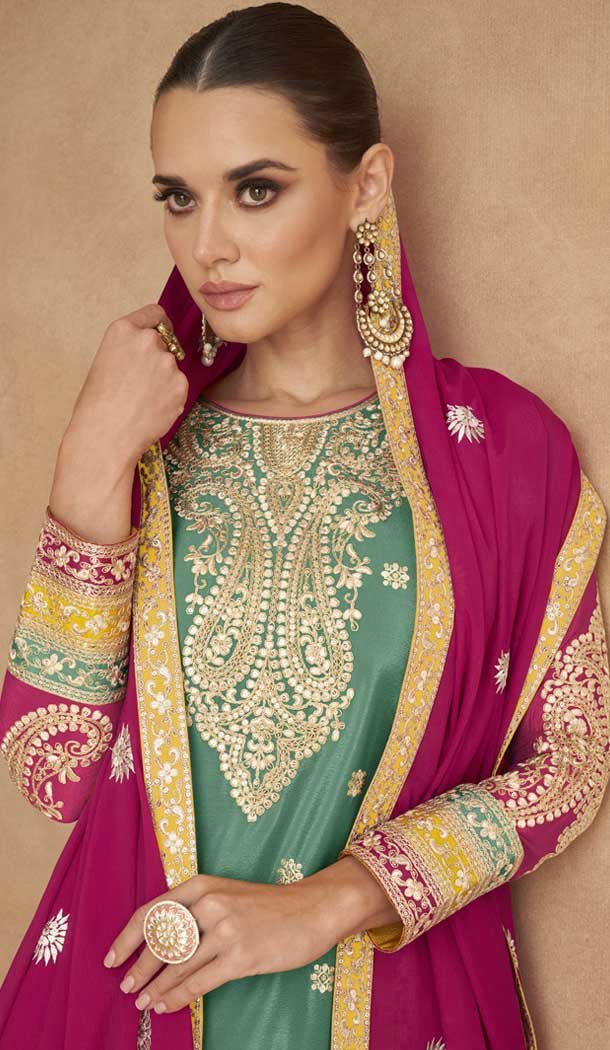 Green Chinon Embroidered Designer Palazzo Salwar Kameez – 146821201