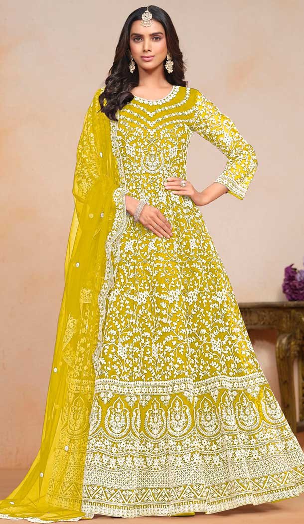 Lime Yellow Net Embroidered Anarkali Style Salwar Suit – 146901232