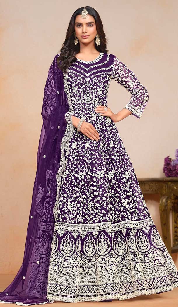 Purple Net Embroidered Anarkali Style Salwar Suit – 146901233