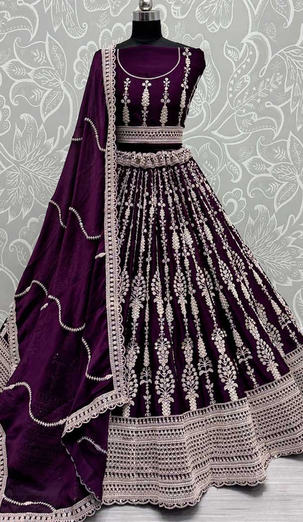 Satin Sequence Embroidered Wedding Wear Lehenga Choli In Purple – 146921243