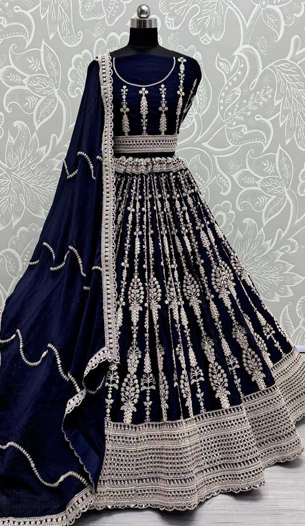 Satin Sequence Embroidered Wedding Wear Lehenga Choli In Blue – 146921244