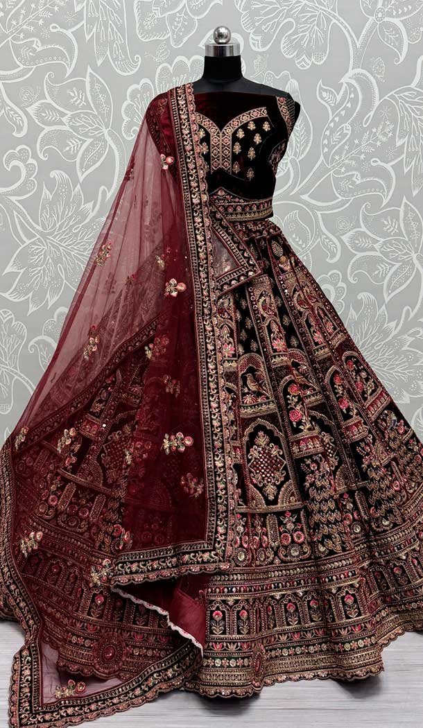 Maroon Velvet Sequence Embroidered Wedding Wear Lehenga Choli – 146931245